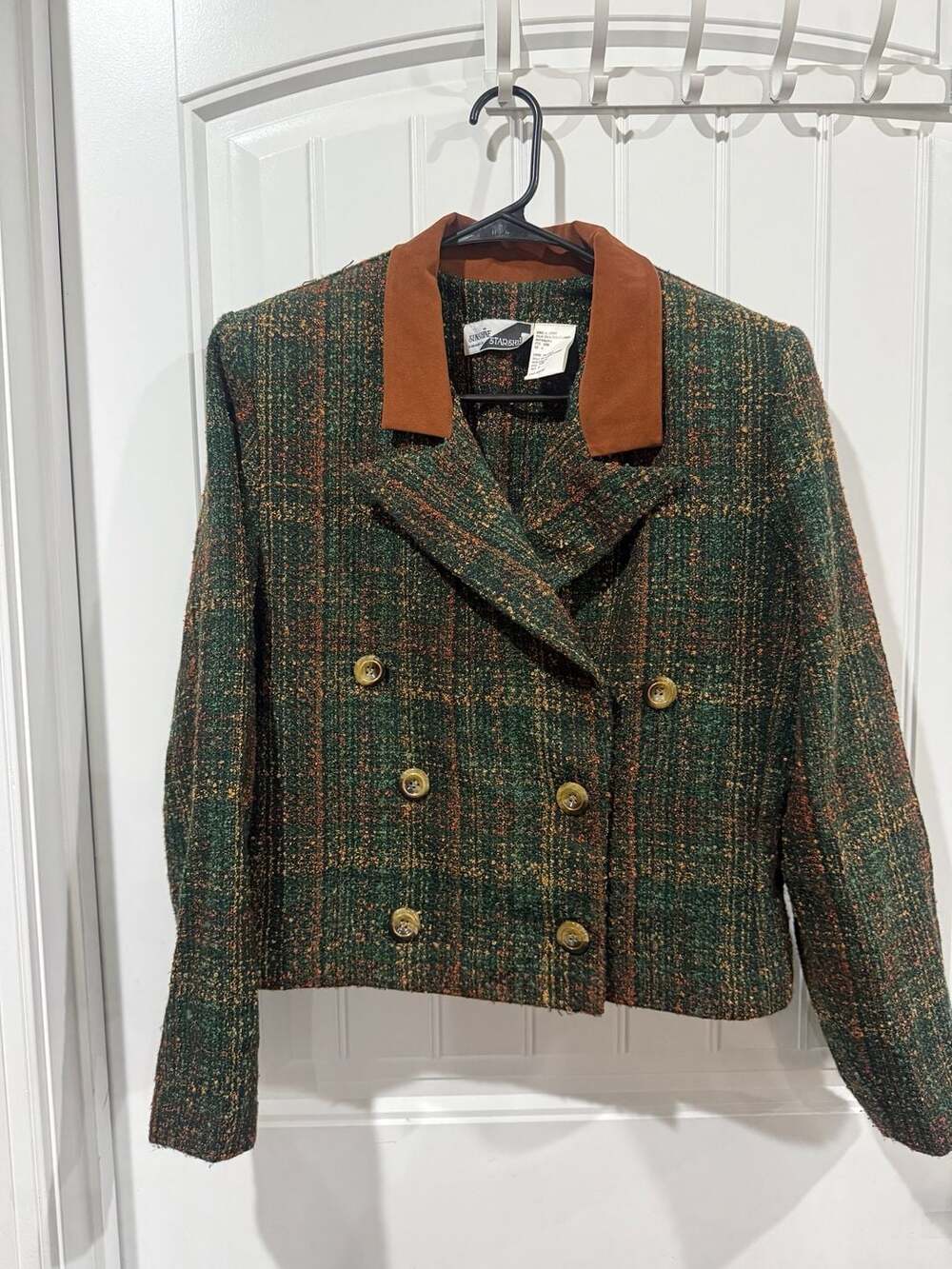 Vintage Sunshine Starshine Green Plaid Tweed Blazer Suede Collar Academia Size 1 - Picture 2 of 6